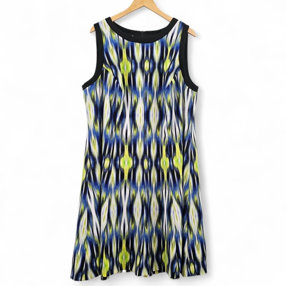 London Times A-Line Dress Sleeveless Size 20W Blue Yellow White Abstract Print‎